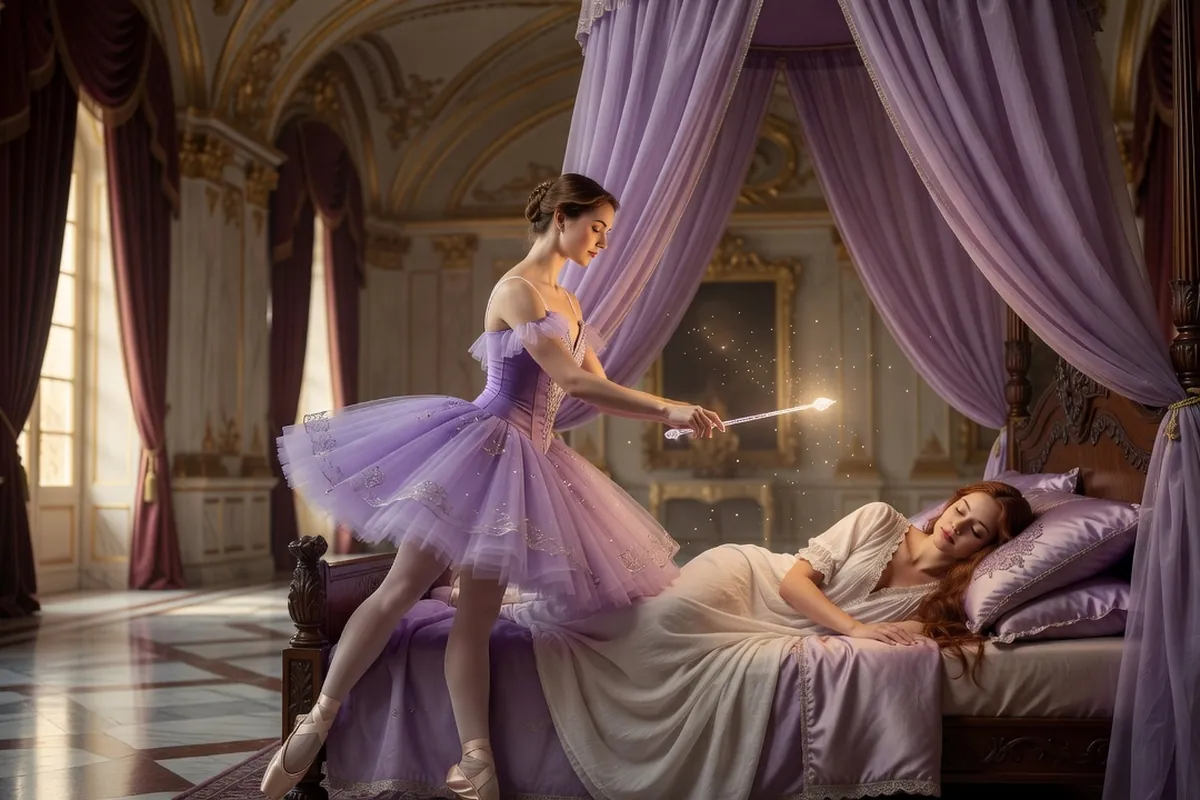Fée en tutu lilas bénissant une princesse endormie dans une chambre de palais, scène de ballet féerique