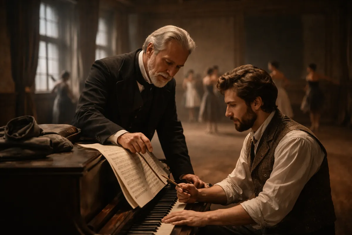 Maître de ballet et compositeur penchés sur une partition au piano dans une salle de répétition, atmosphère des années 1880