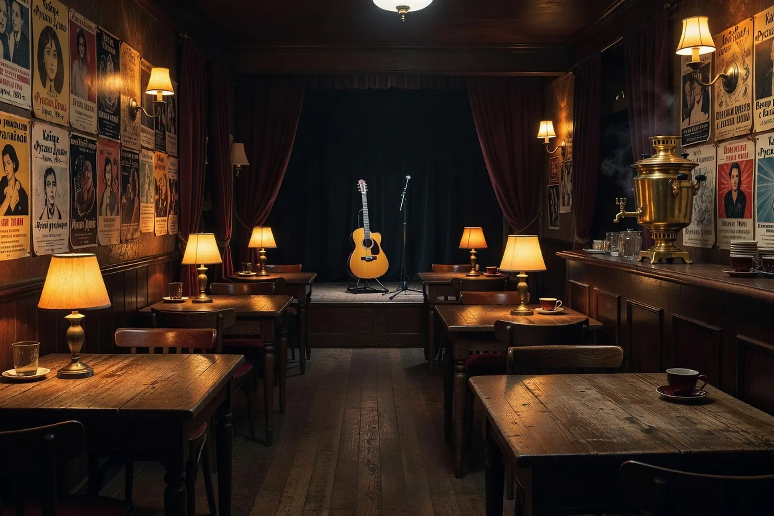 Парижский русский кабаре вечером, самовар, сцена с гитарой, атмосфера 1990-х