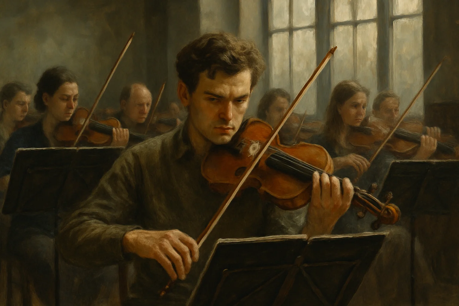 Répétition d'un concerto pour violon russe : entre précision technique, pupitres alignés et lyrisme collectif d'un studio orchestral