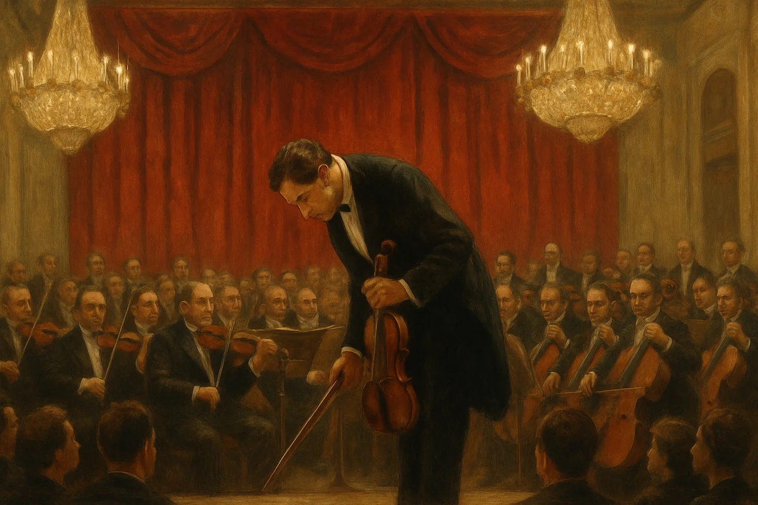 Salle de concert russe du XXe siècle, violoniste saluant le public devant un orchestre, rideau rouge et lustres dorés, entre tradition impériale et lyrisme soviétique