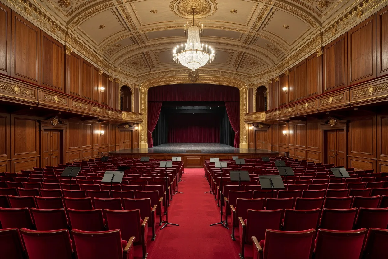 Salle de concert vide avec sieges d'orchestre et pupitres