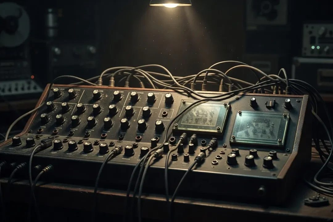 Gros plan sur un synthétiseur analogique vintage aux multiples câbles et plaques de verre gravées, éclairage tamisé de studio