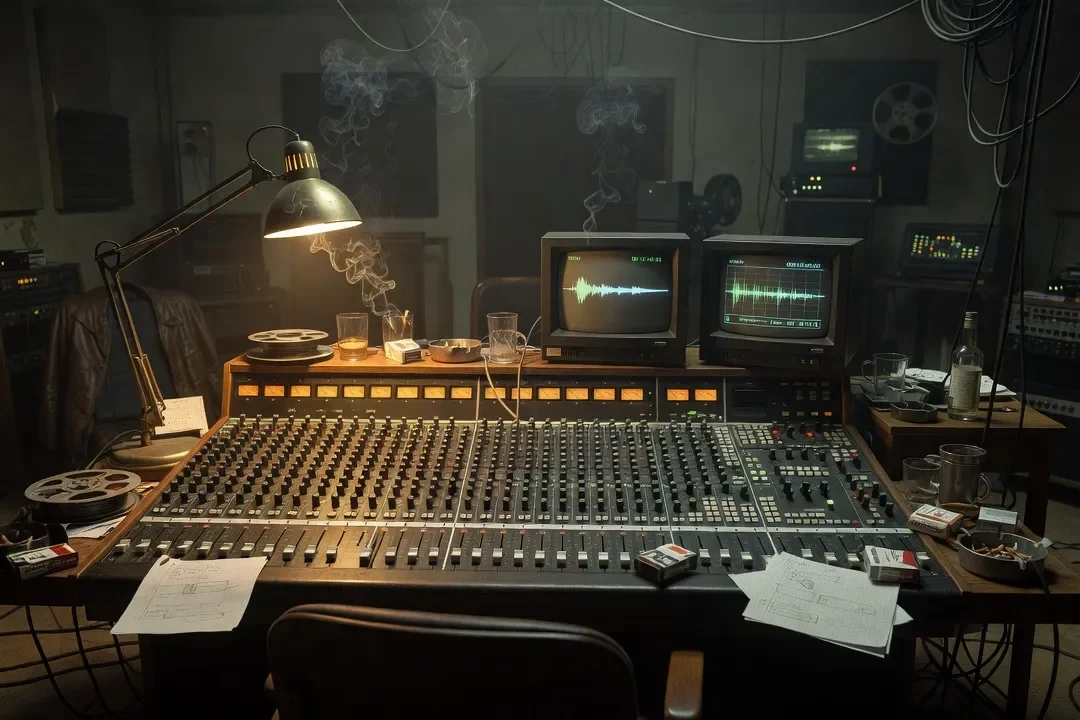 Salle de mixage de studio de cinéma russe des années 1990, écrans et console analogique, ambiance de travail nocturne