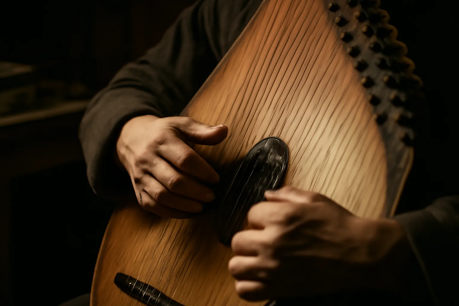 Mains jouant de la bandura ukrainienne