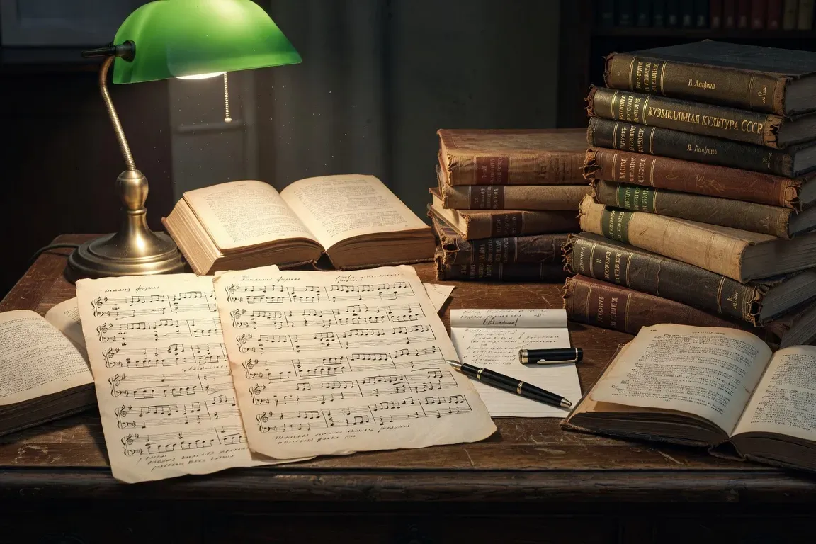 Bureau de musicologue avec partitions symphoniques de Chostakovitch, lumière de bibliothèque, ambiance studieuse (reconstitution éditoriale)