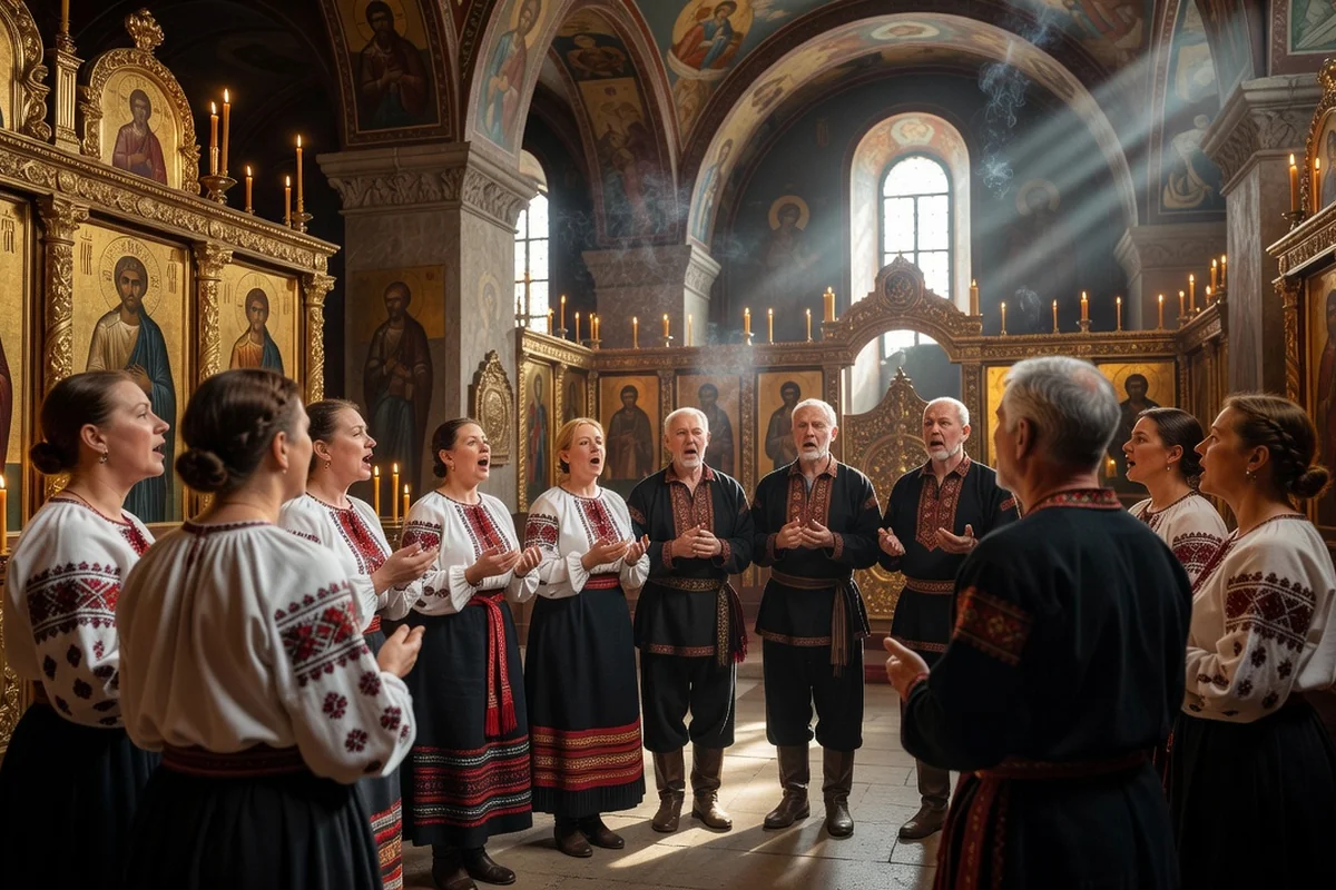 Chœur ukrainien en tenues folkloriques brodées chantant à plusieurs voix dans une église aux icônes dorées, bougies et lumière traversant les fenêtres