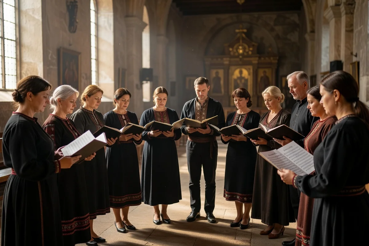 Répétition de chœur ukrainien contemporain dans une église, chanteurs en tenues brodées debout en cercle, partitions à la main, lumière douce du matin