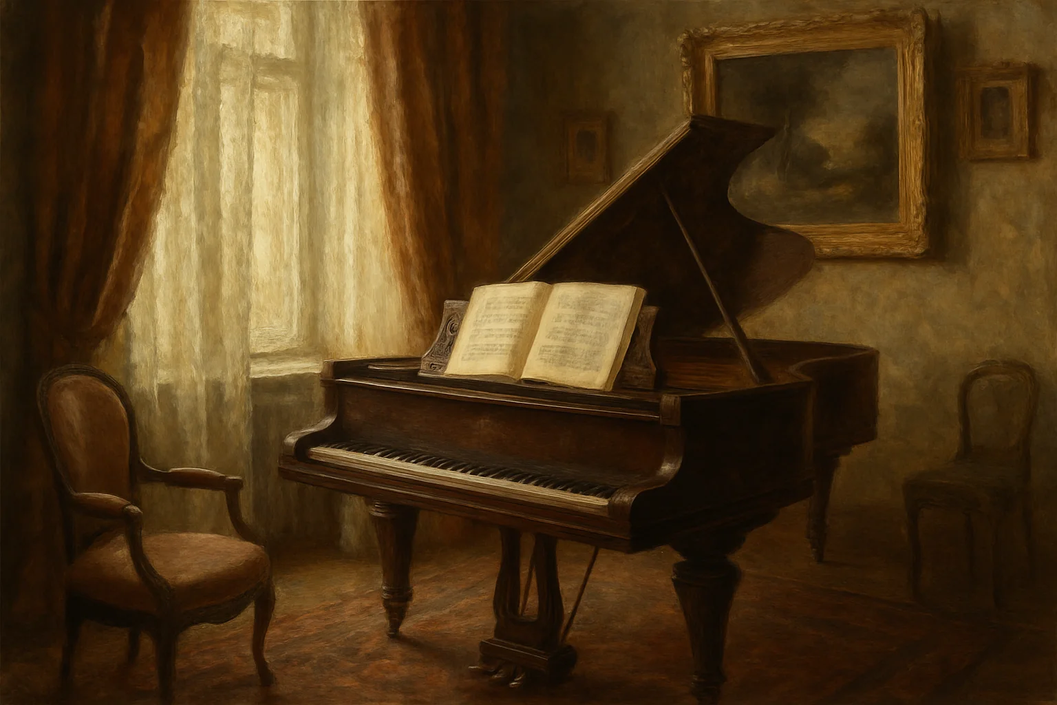 Intimité pianistique russe : salon moscovite du début du XXe siècle, piano à queue et partitions ouvertes sous une lumière tamisée
