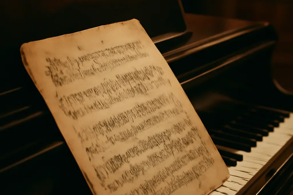 Partition manuscrite ancienne posée sur un piano à queue, éclairage doré tamisé, ambiance de salon russe du début du XXe siècle