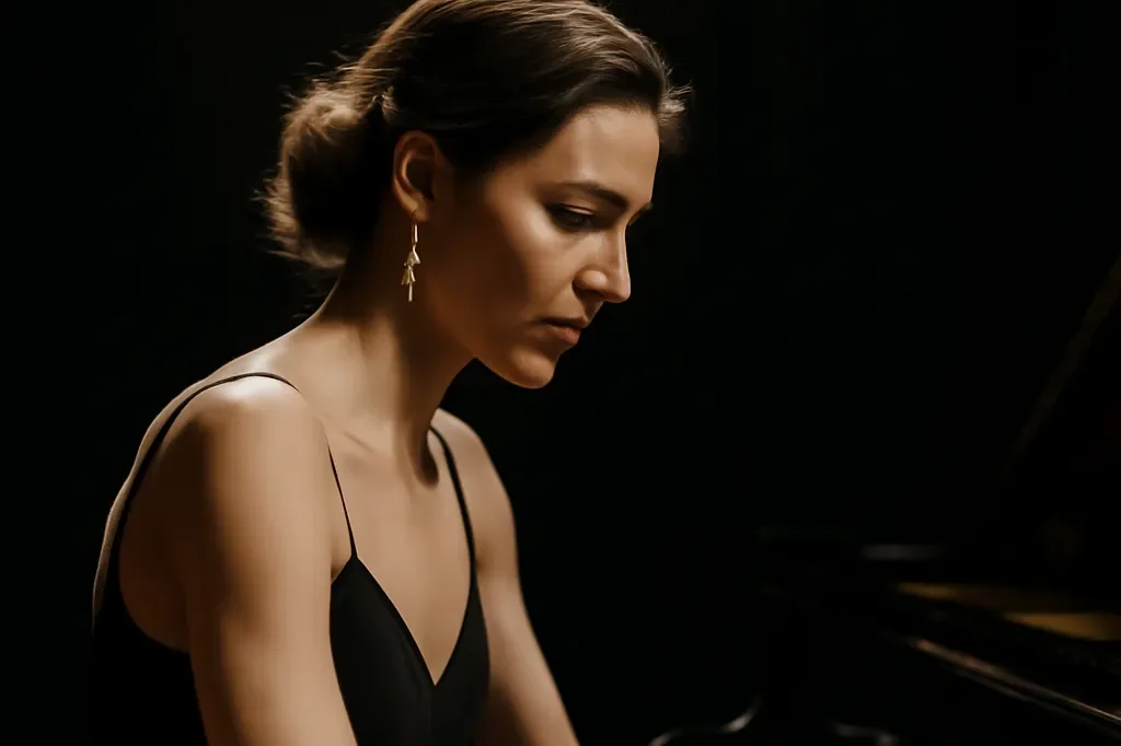 Pianiste jouant avec intensité sur un piano à queue, expression concentrée, éclairage contrasté façon photographie de concert