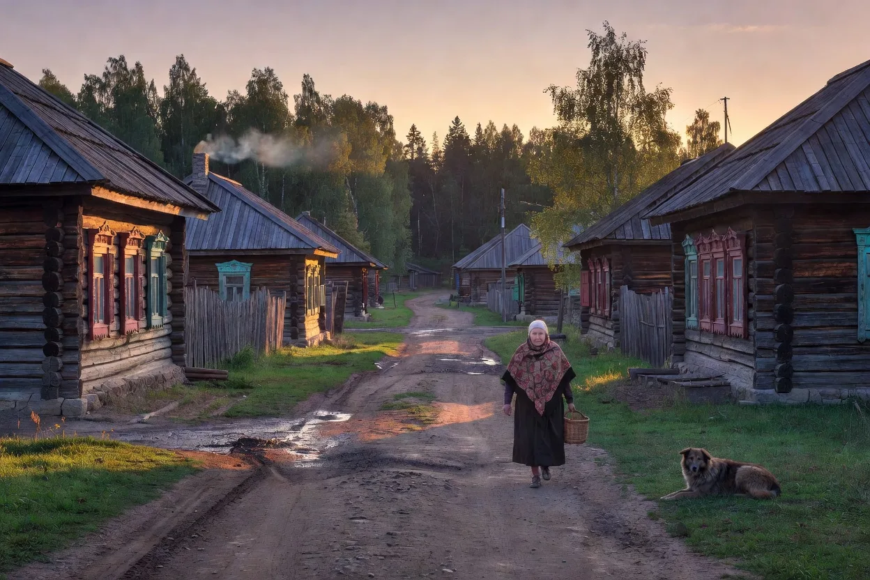 Village rural russe avec maisons en bois sous lumiere du soir