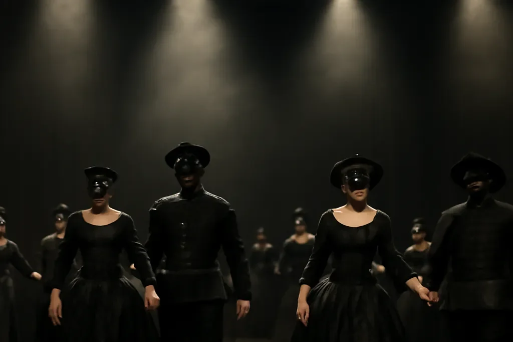 Scène de bal costumé Renaissance sur une scène de théâtre, danseurs en formation, ambiance dramatique et solennelle