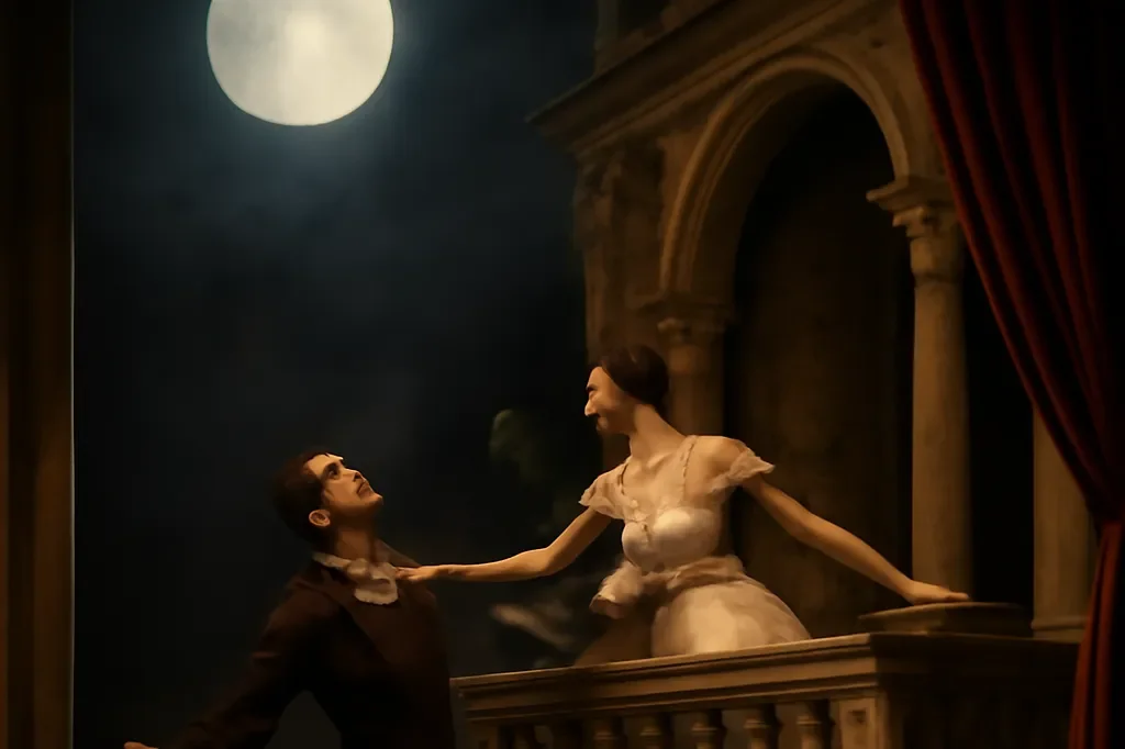 Scène de balcon romantique sur décor de théâtre classique, deux danseurs dans une posture d'élan dramatique, clair de lune stylisé