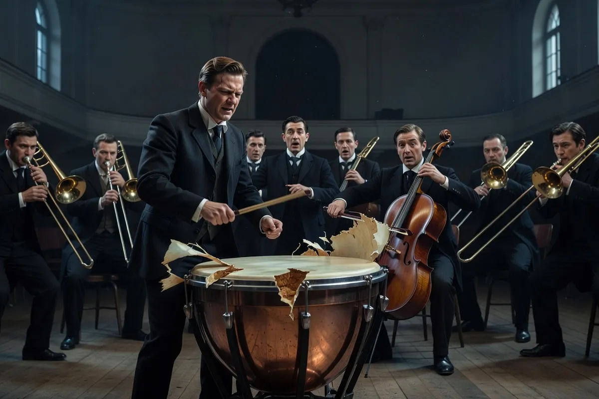 Timbalier en costume sombre frappant une timbale dont la peau est déchirée, trombonistes et violoncelliste réagissant derrière lui dans une salle froide