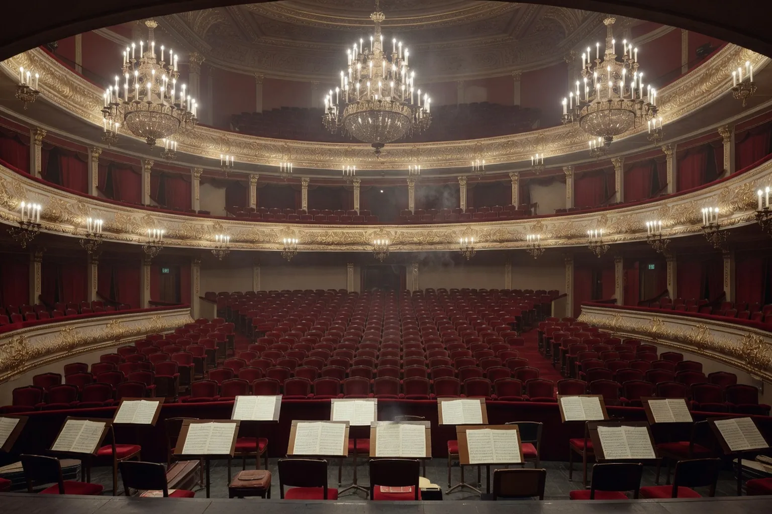 Théâtre russe de l'époque de Tchaïkovski, sièges en velours rouge et lustres dorés