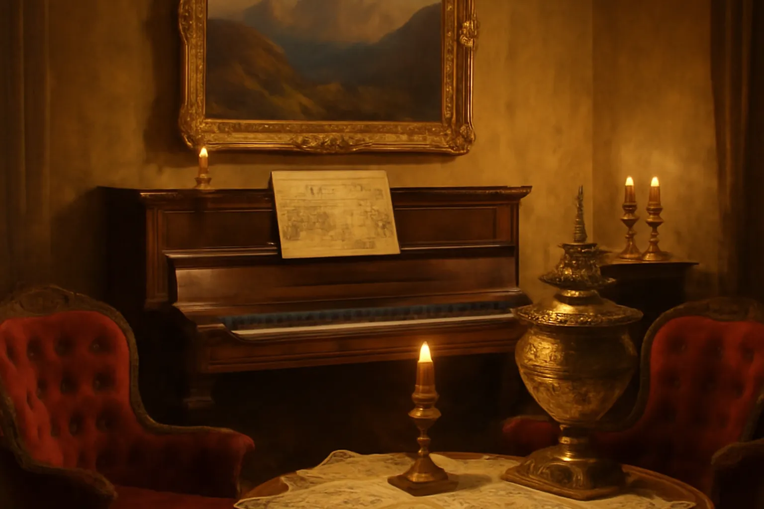 Piano droit et partitions orientales, tableau de paysage caucasien aux murs, atmosphère du milieu musical russe des années 1860 (scène d'époque Saint-Pétersbourg)