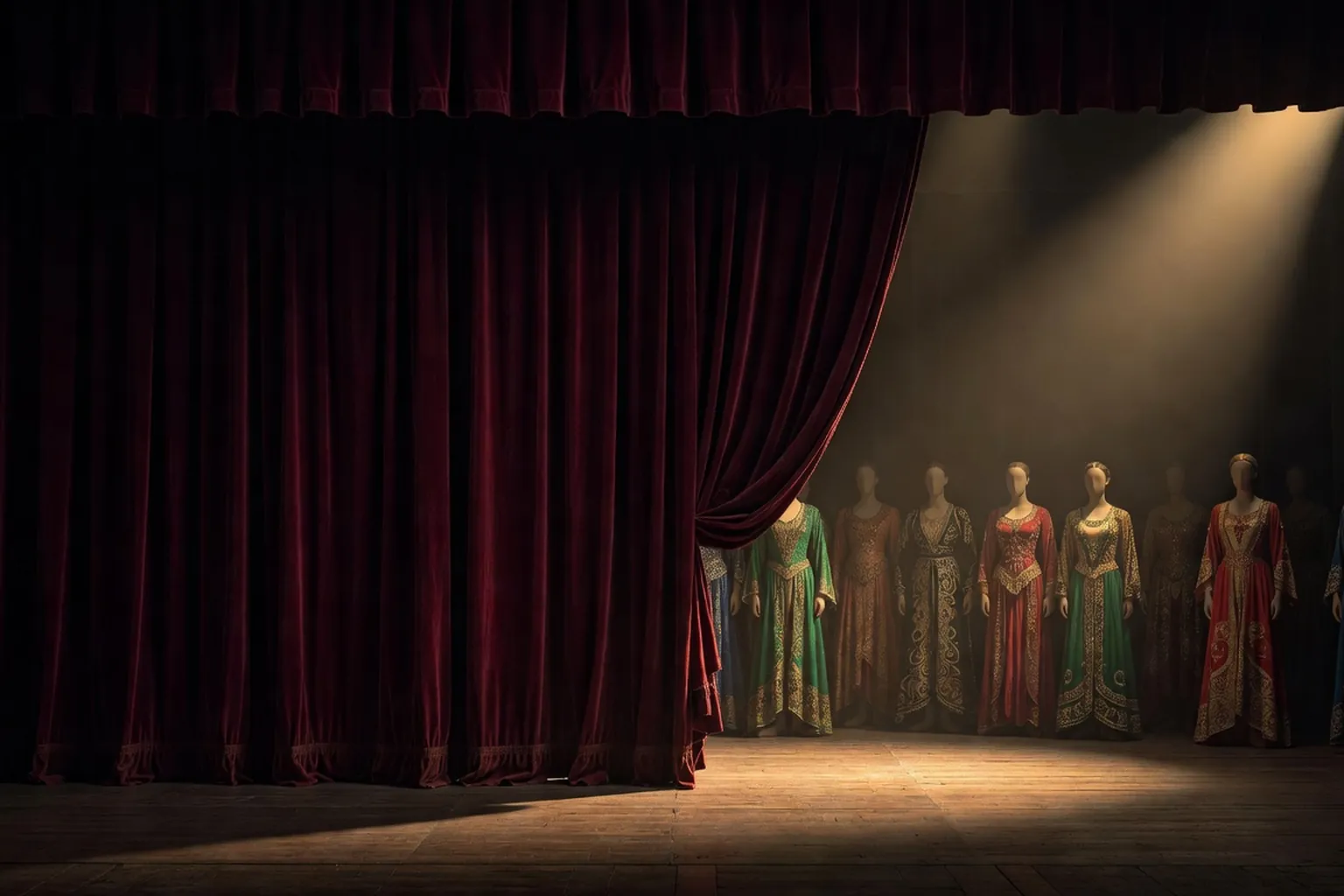 Decor de scene de theatre inspire des Ballets russes de Diaghilev, rideau bordeaux et or, costume orientaliste dans la penombre (scene d'epoque 1910)