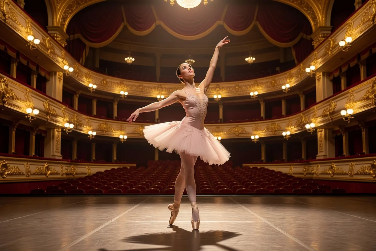 Ballerine adulte en tutu rose pâle sur pointes au centre d'une scène de théâtre impérial, loges dorées et rideaux de velours en arrière-plan