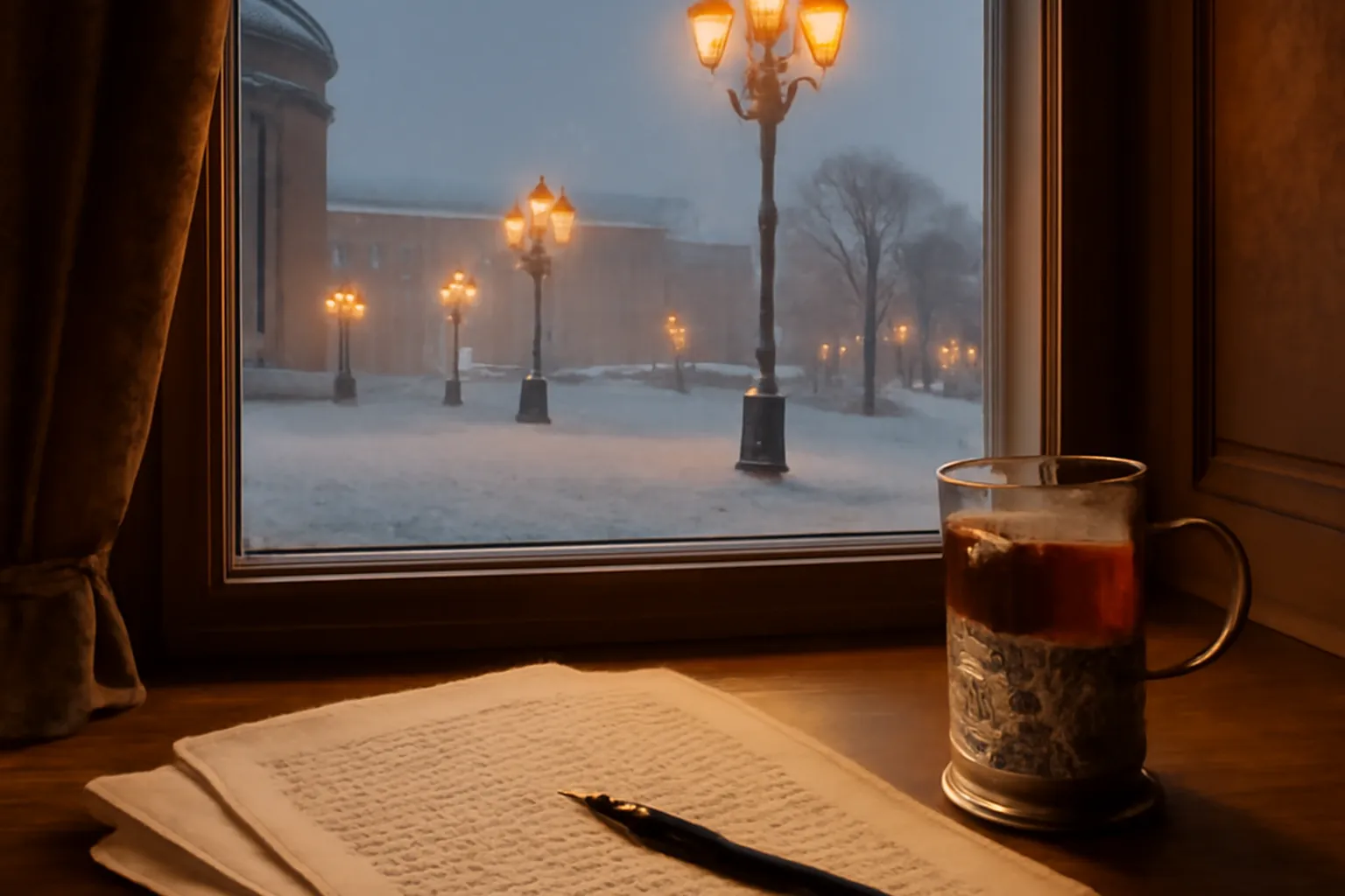 Rédaction d'un article devant une fenêtre donnant sur une place enneigée