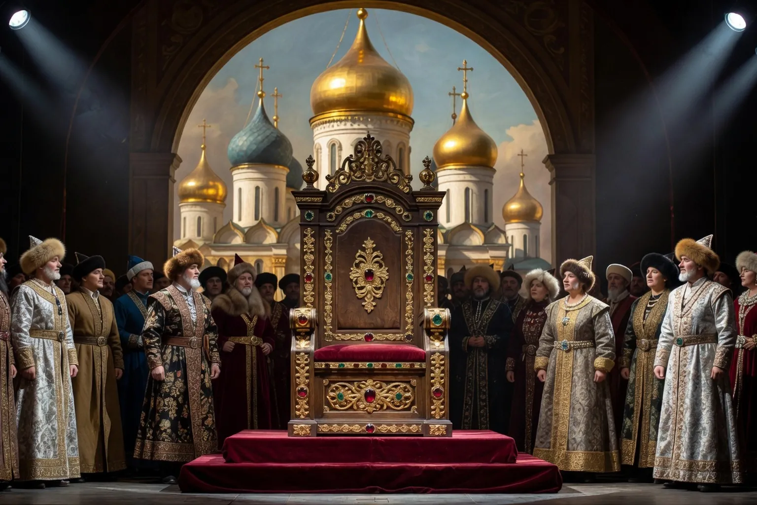 Décor d'opéra russe du XIXe siècle, trône du tsar, cierges de cathédrale orthodoxe et foule en costumes d'époque (scène d'opéra historique)