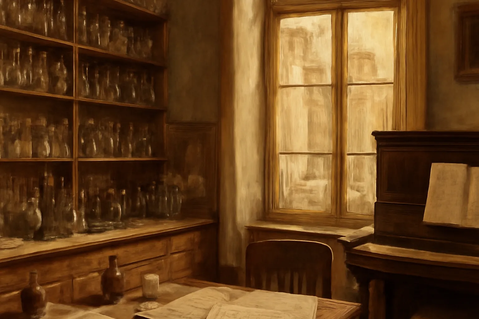 Bureau de scientifique russe fin XIXe, tubes à essai sur étagère, piano dans l'angle, partitions ouvertes — compositeur chimiste (scène d'époque)