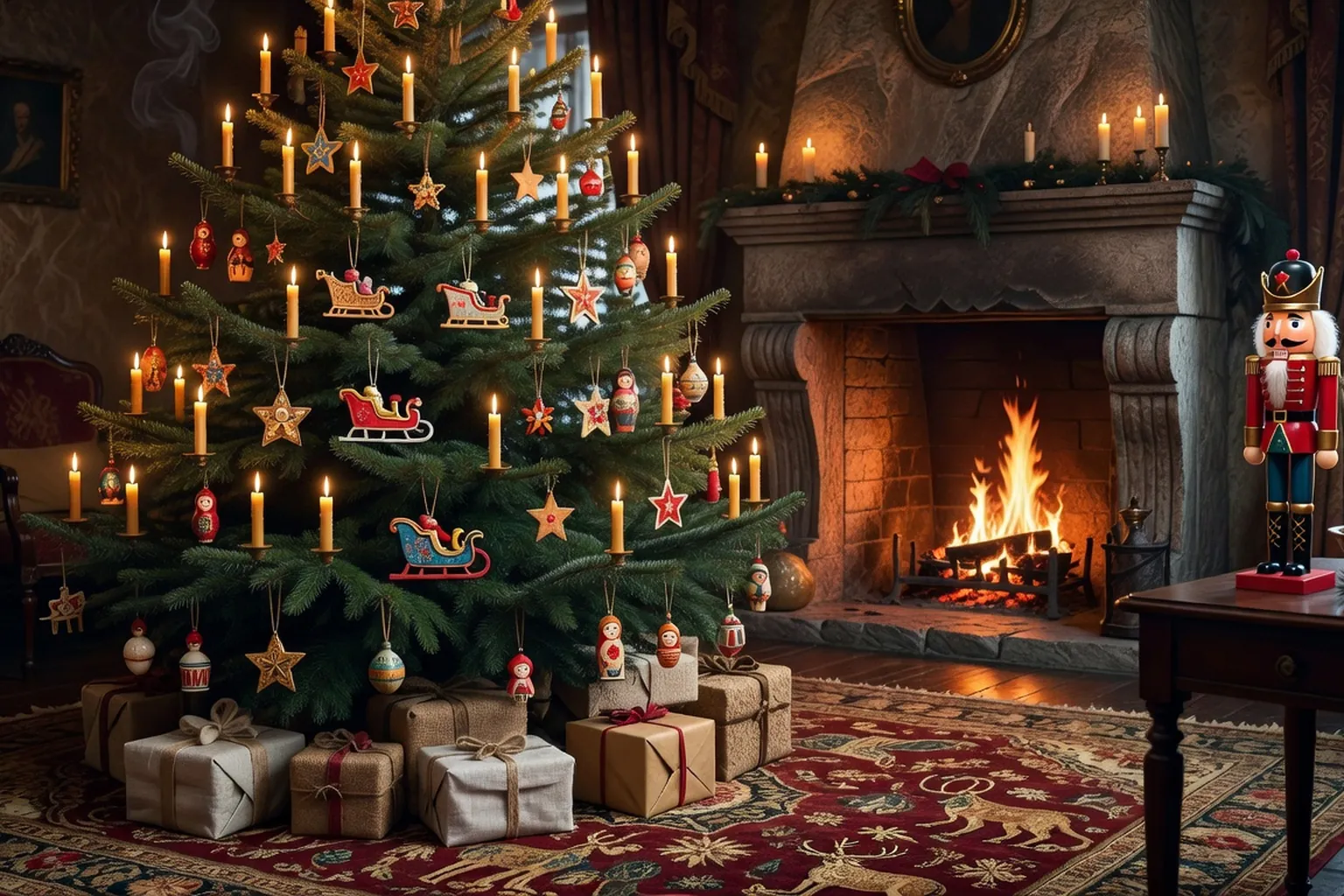 Scène de Noël russe avec sapin décoré, jouets en bois peints et lumière de bougies (scène d'époque XIXe)