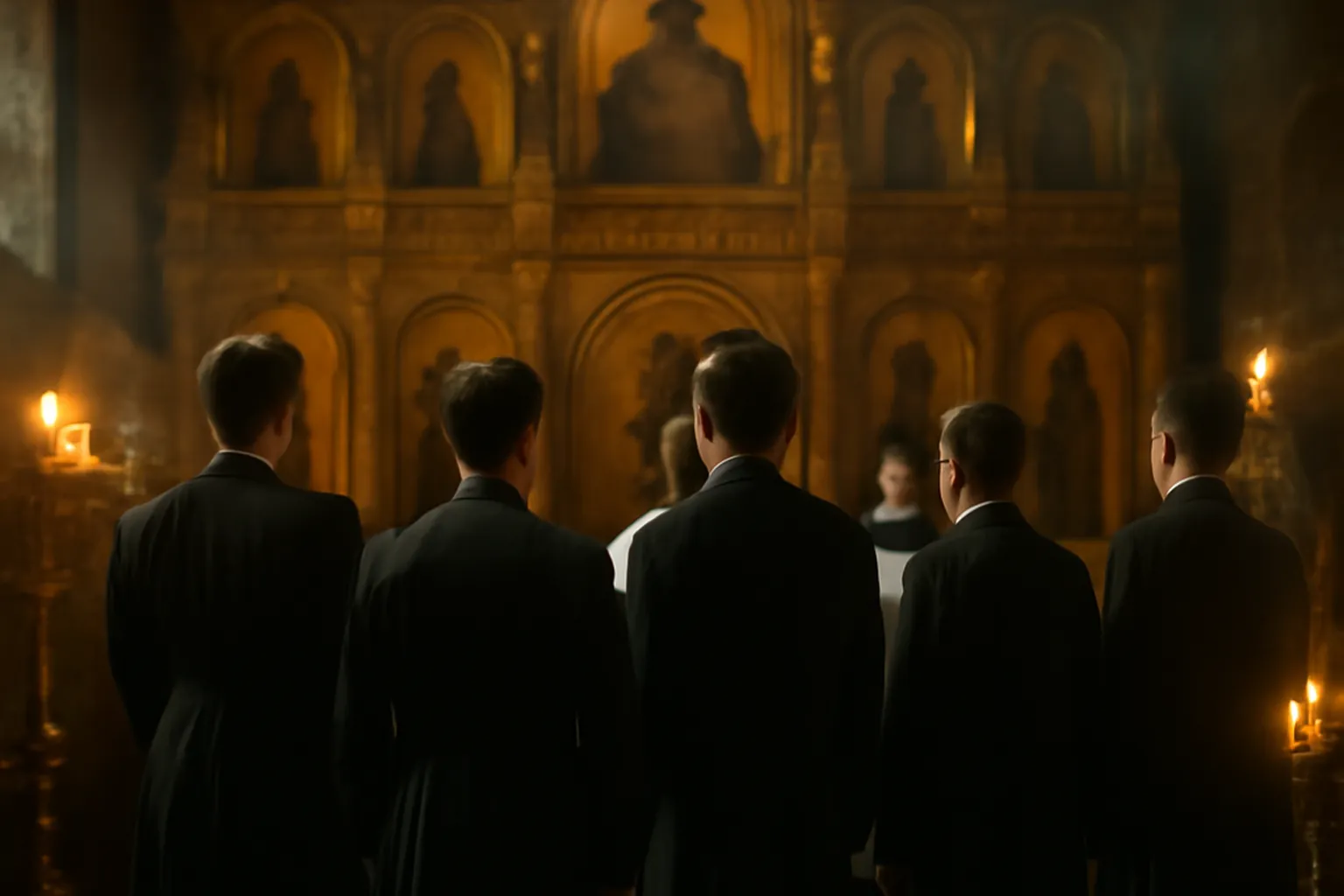Chœur a cappella russe en robes noires dans une église orthodoxe, éclairage de cierges et iconostase dorée à l'arrière-plan (scène d'époque)