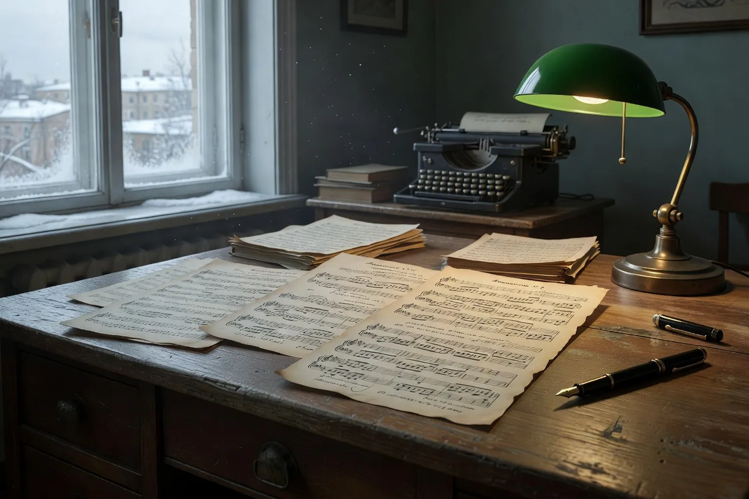 Bureau de compositeur soviétique avec partitions, typographie cyrillique et lampe d'architecte des années 1940 (scène d'époque)
