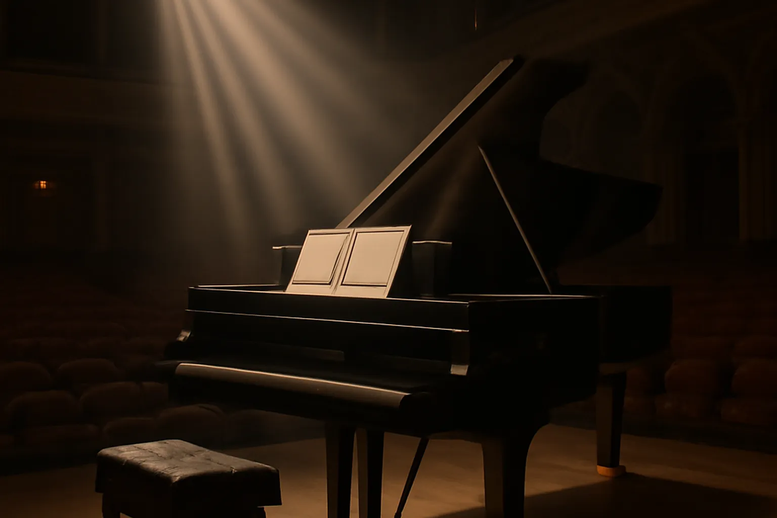 Piano Steinway de concert sous les projecteurs d'une salle russe, partition du Concerto ouverte sur le pupitre (scène d'époque 1901)