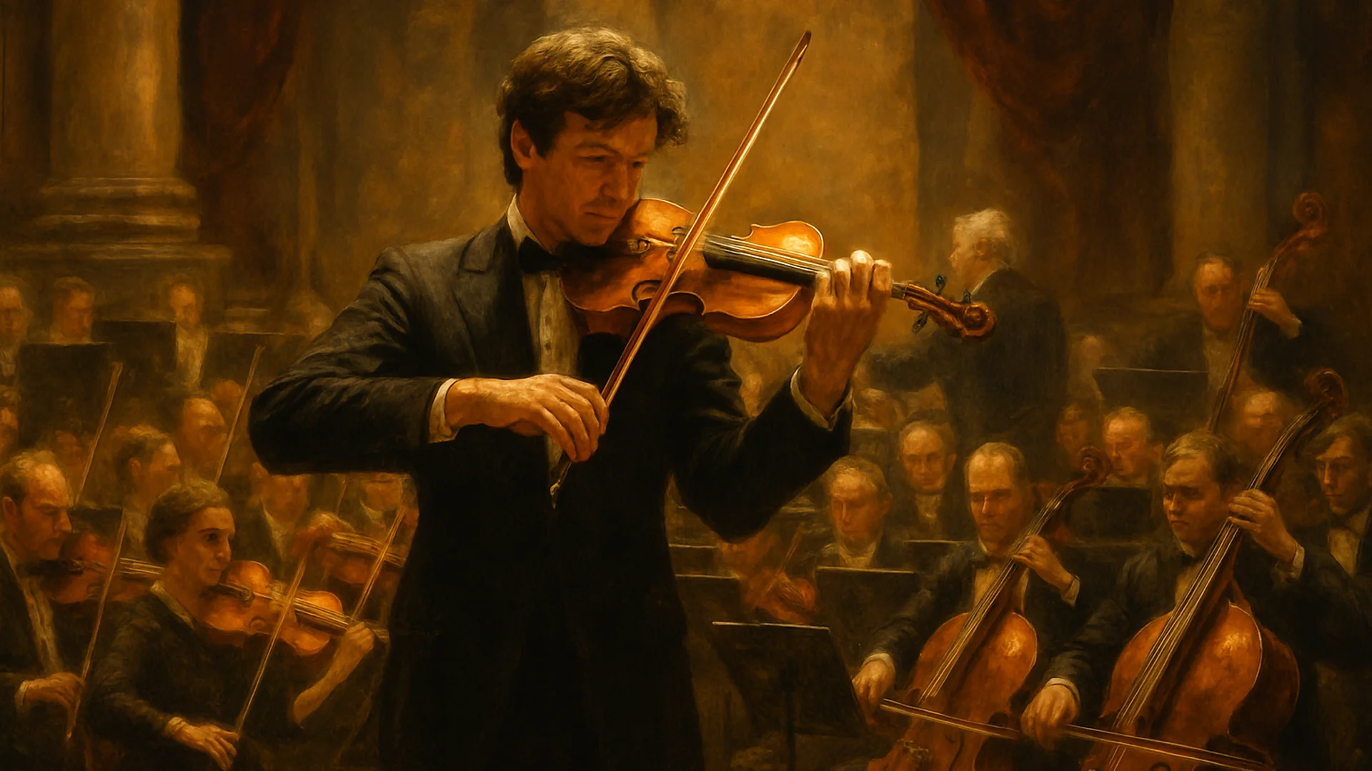 Violoniste soliste sur scène avec orchestre symphonique, ambiance de concert russe, éclairage doré et dramatique