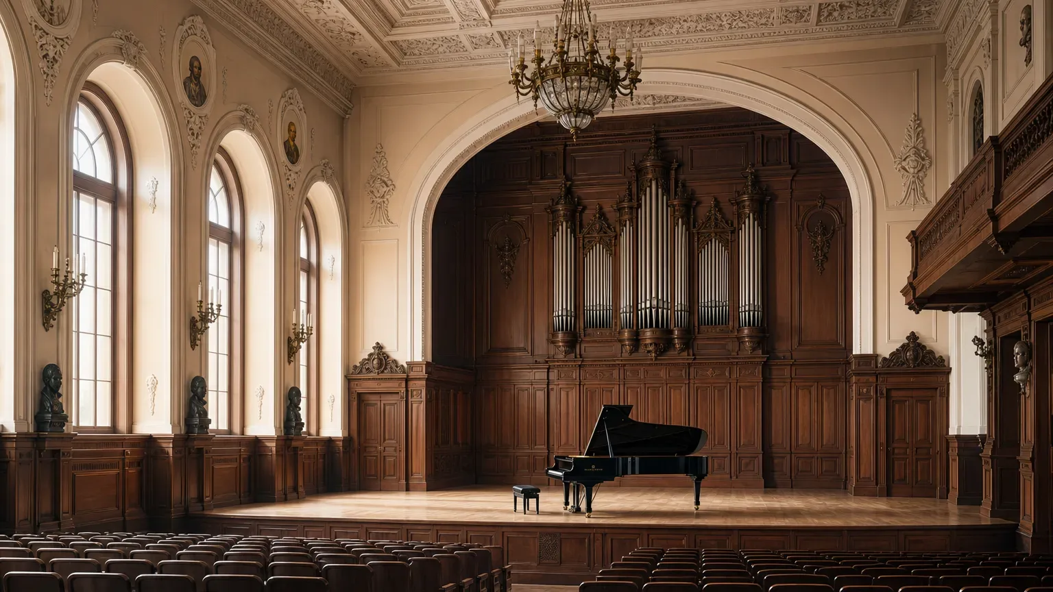 Grande salle de conservatoire vide avec rangées de fauteuils, piano de concert et lumière matinale