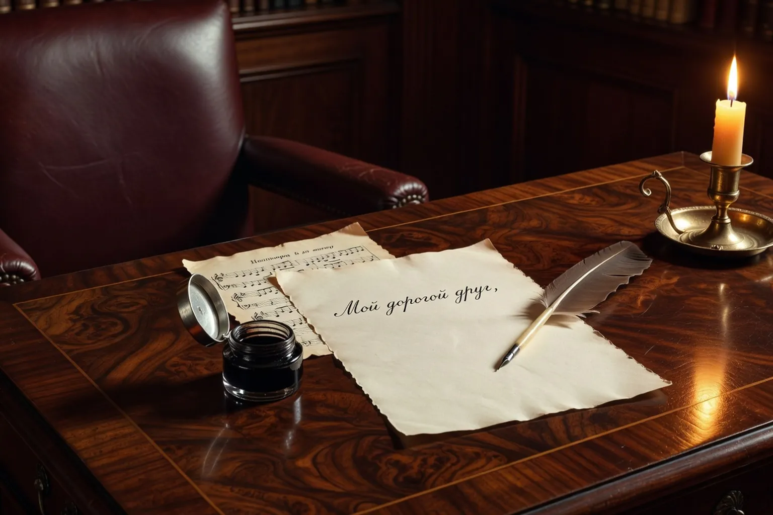 Table d'écriture avec plume, papier et partition