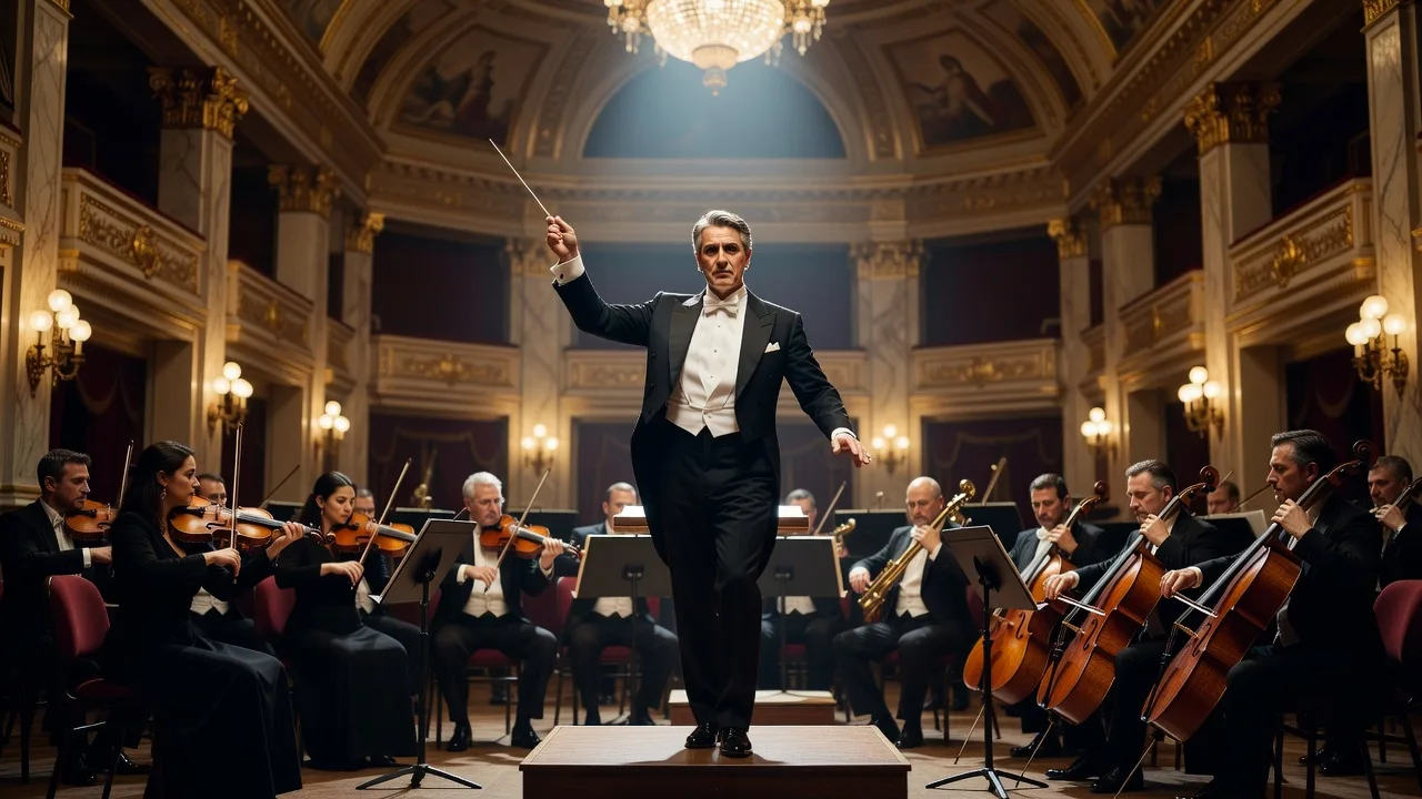 Chef d'orchestre en tenue de soiree dirigeant un orchestre dans une salle de concert