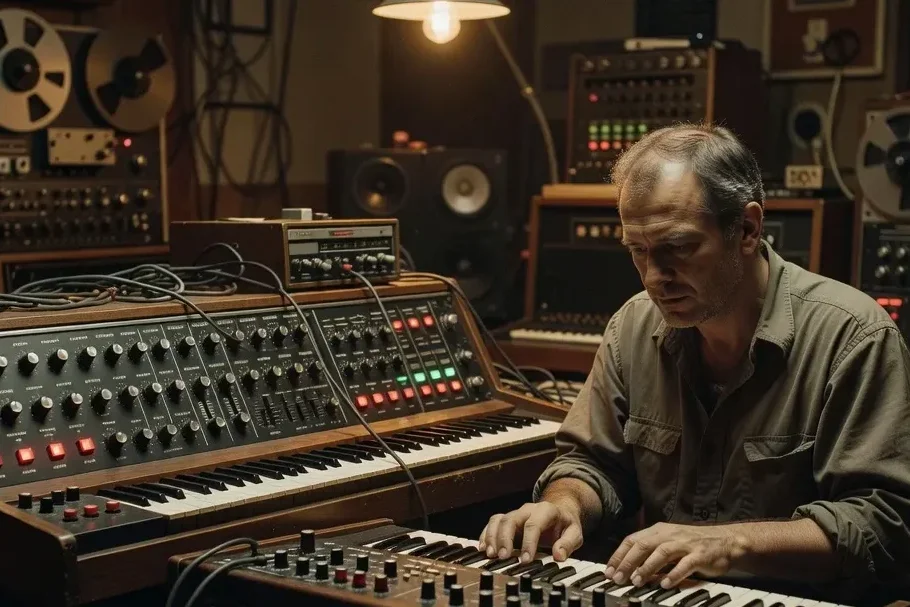 Compositeur assis devant un synthétiseur analogique soviétique dans un studio d'enregistrement sombre, câbles et voyants lumineux
