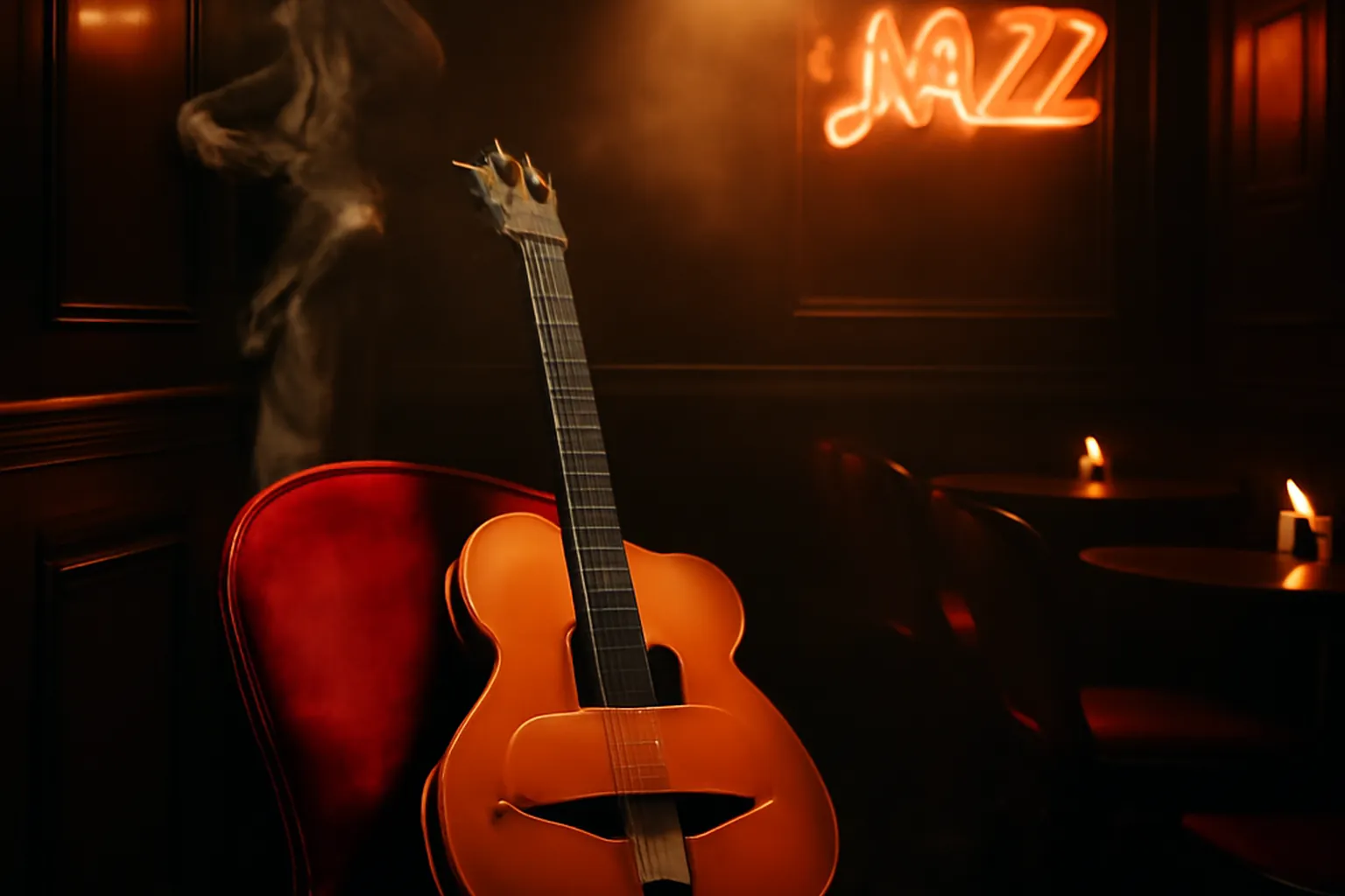 Французская гитара манушского джаза при свете свечи, открытая партитура