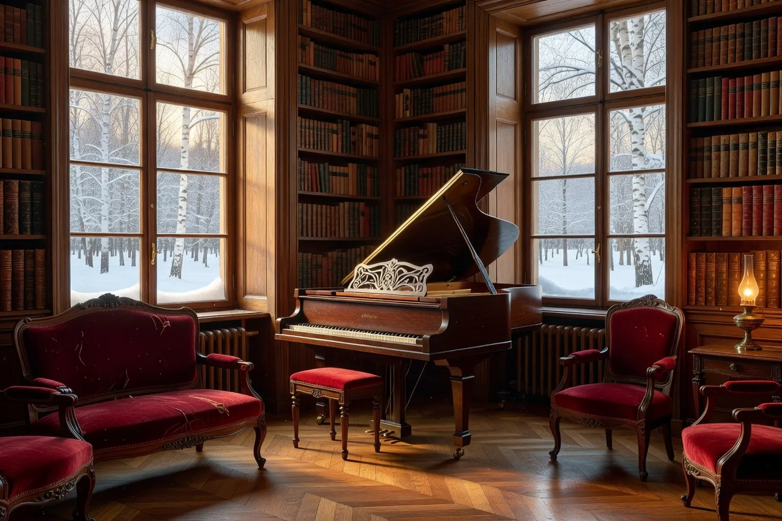 Manoir russe du début XIXe siècle avec piano-forte, bibliothèque et fenêtre donnant sur un parc enneigé (scène d'époque)