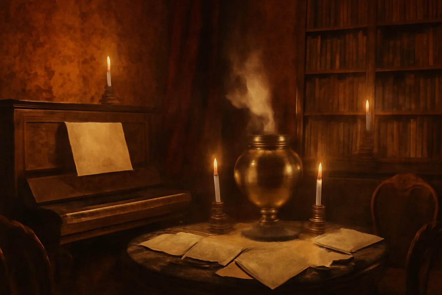 Salon russe du XIXe siecle avec piano droit, samovar et partitions sur la table — reunion informelle de compositeurs (scene d'epoque Saint-Petersbourg 1870)