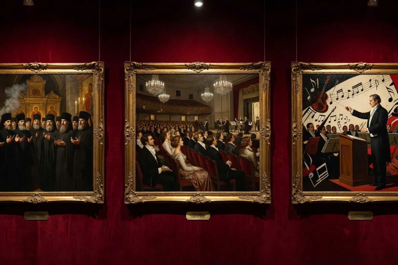 Fresque historique representant trois epoques de la musique russe — choeur orthodoxe XVIIe, salle de concert XIXe, podium dirigeant XXe (scene d'epoque allegorique)