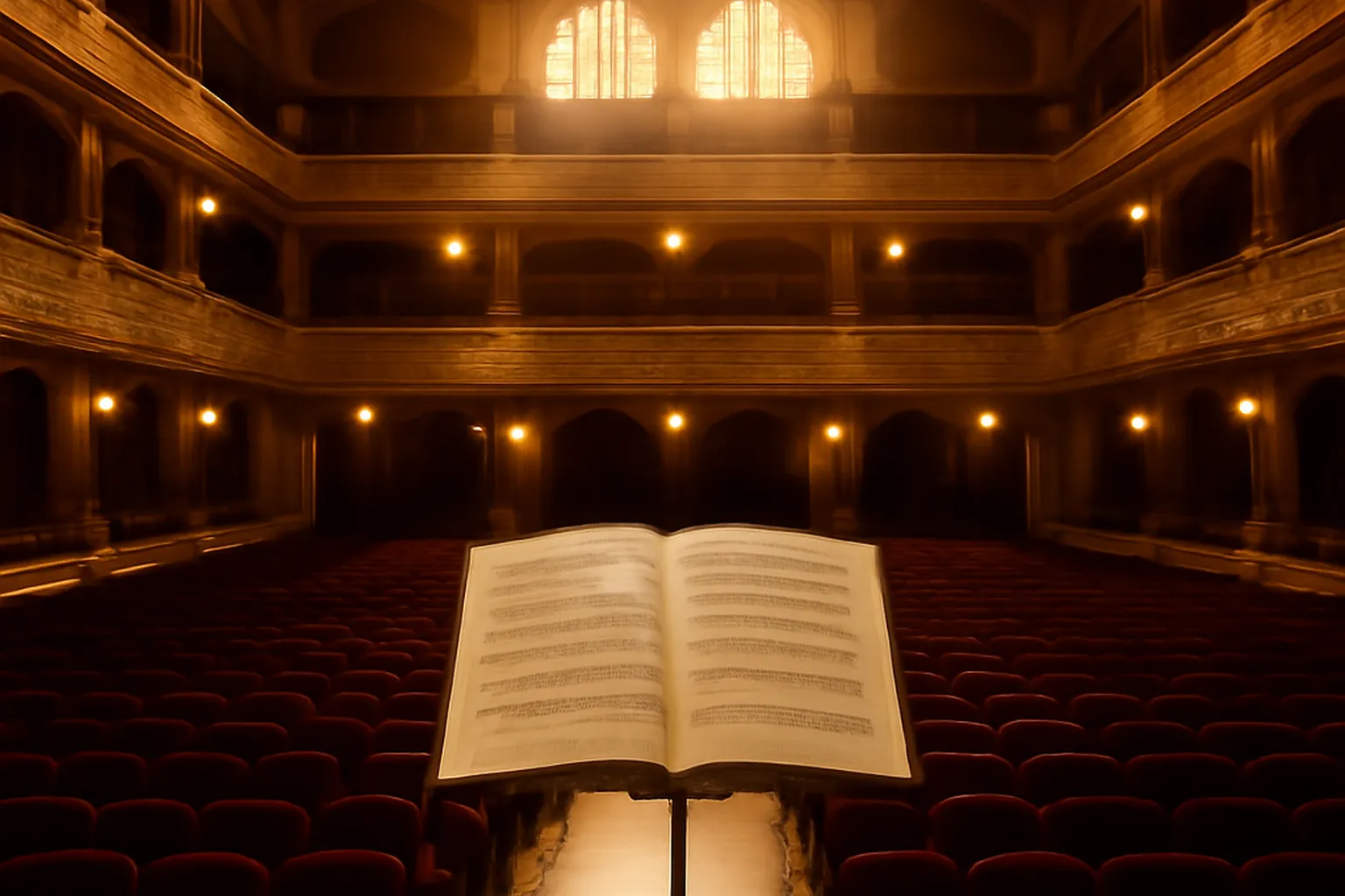 Salle de concert et partitions baignées dans la lumière dorée du soir