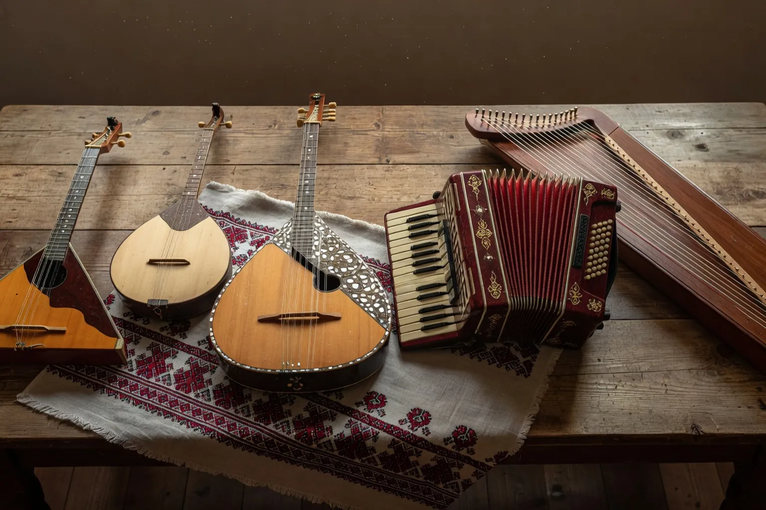 Collection d'instruments folkloriques slaves disposés sur une table en bois : balalaïka triangulaire, bandura ukrainienne, bayan, domra et gousli (scène d'époque)