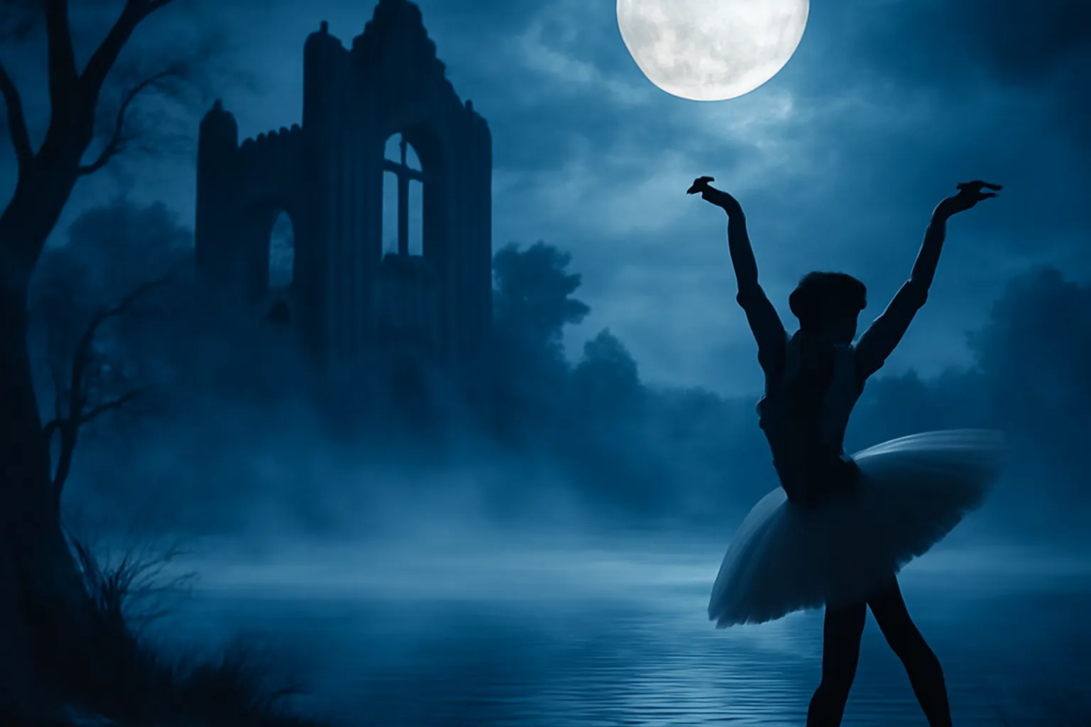 Scène de ballet romantique : cygnes blancs en tutus sur le lac au clair de lune, décor de théâtre classique (scène d'époque)