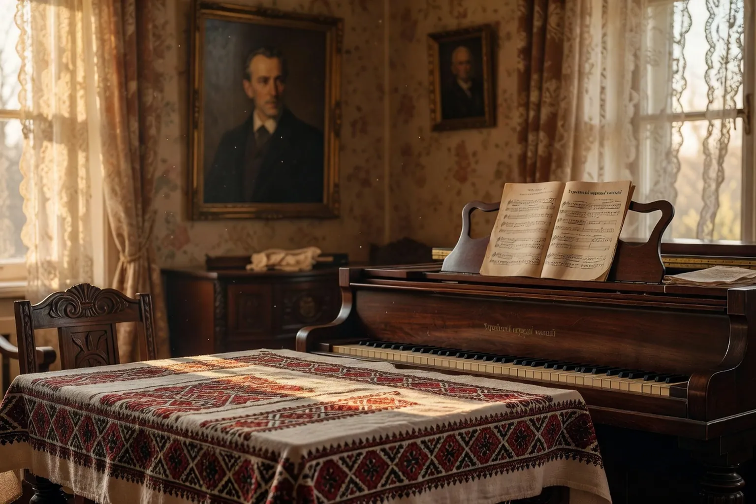 Salon de musique a Kiev vers 1890, piano-forte, portrait de Taras Chevtchenko au mur, partitions ouvertes (scene d'epoque Kyiv)