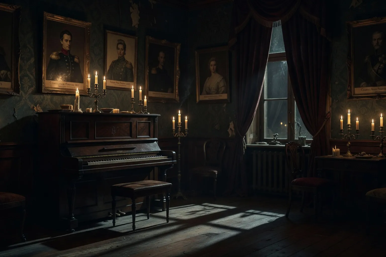 Salon russe nocturne du XIXe siècle, piano droit et portraits aux murs, atmosphère d'inspiration tragique (scène d'époque Saint-Pétersbourg)