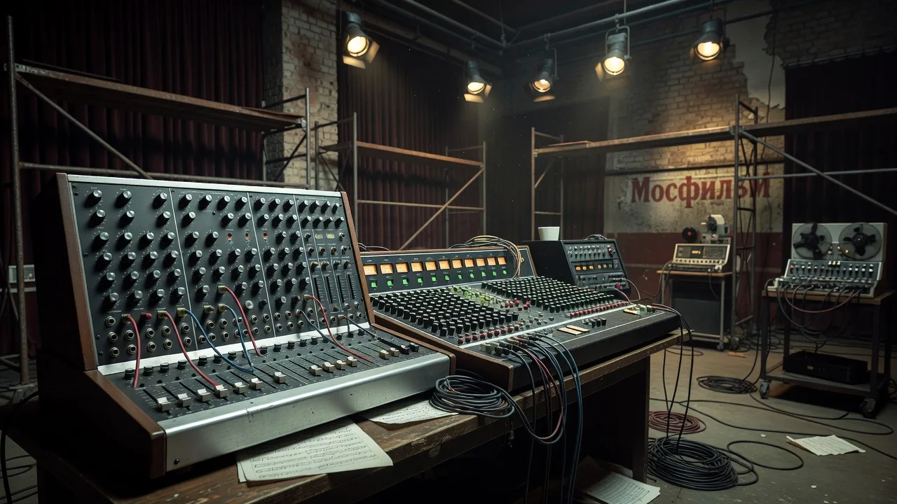 Synthetiseur analogique vintage dans un studio de cinema russe faiblement eclaire