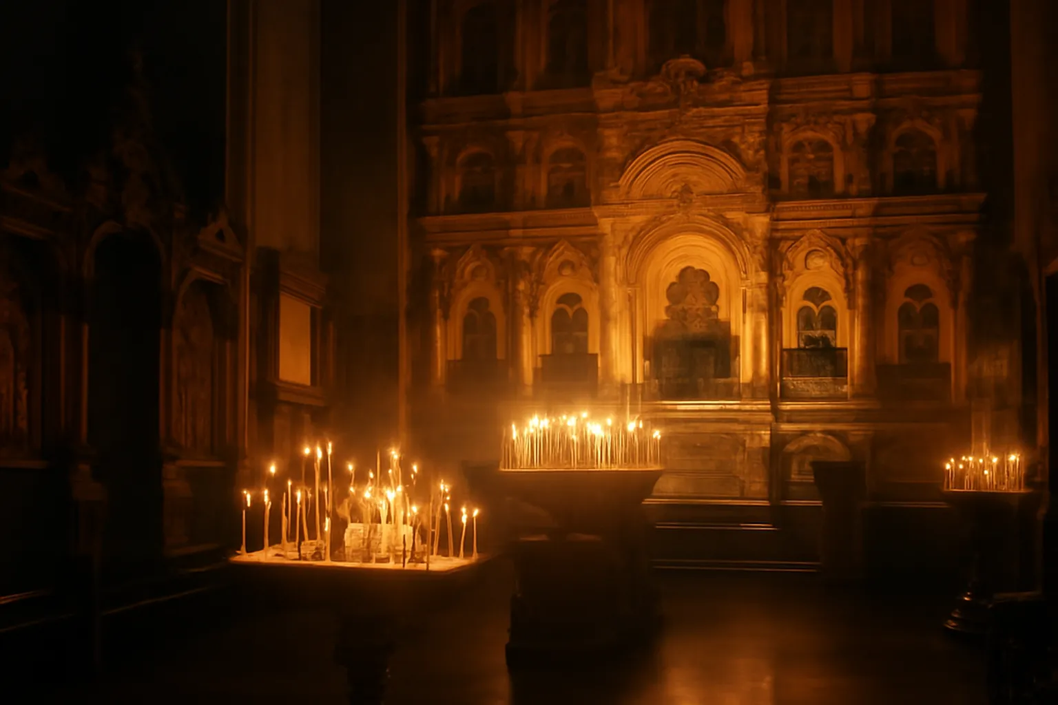 Interieur d'eglise orthodoxe russe avec iconostase doree, chandelles et choeur en robes noires chantant a cappella (scene d'epoque)