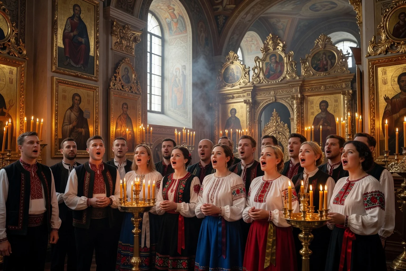 Chœur en tenues folkloriques ukrainiennes brodées chantant dans une église baroque aux icônes dorées et aux bougies allumées