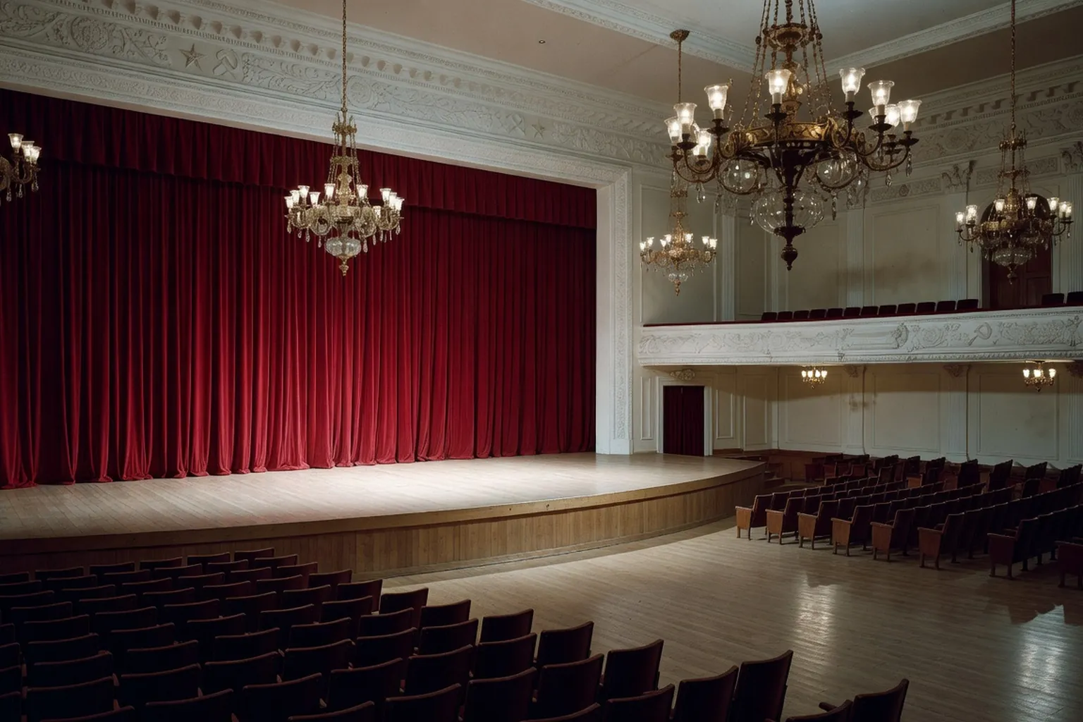 Salle de concert sovietique des annees 1950, chandeliers en cuivre, rideau rouge, estrade en bois blond — scene d'epoque Moscou 1955