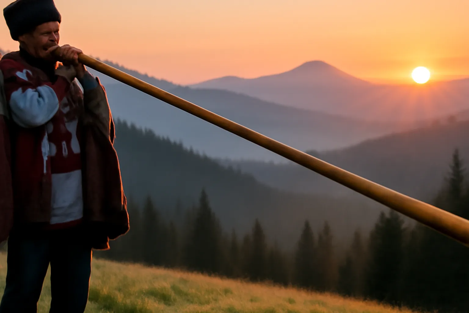 Berger houtsoul des Carpates ukrainiennes jouant de la trembita (cor alpin de 4 metres en bois) au lever du soleil sur les sommets boises (scene d'epoque)