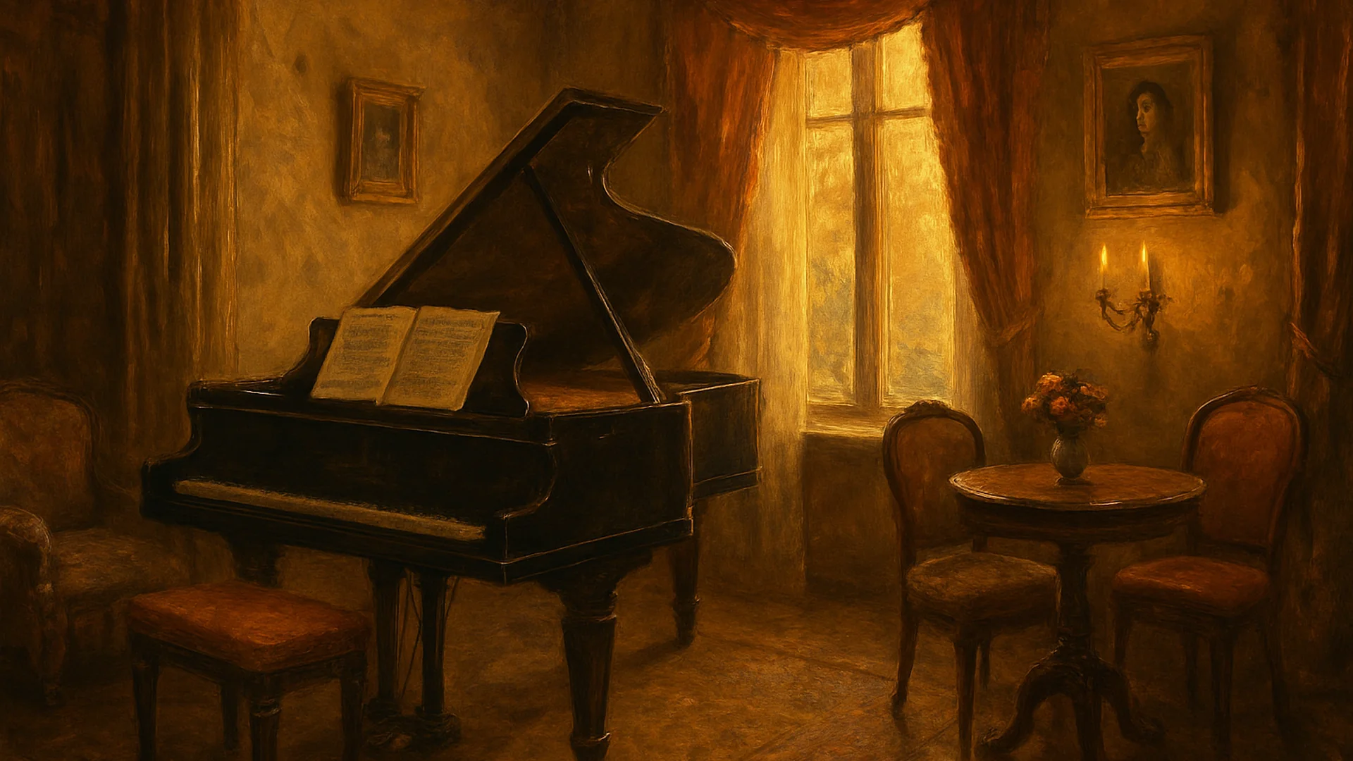 Salon russe du début du XXe siècle, piano à queue, partitions manuscrites, lumière dorée, atmosphère intime et romantique